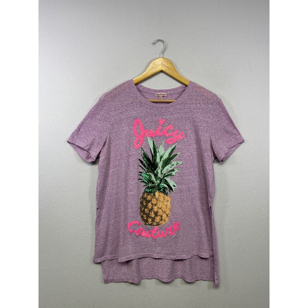 Y2K McBling Juicy Couture Womens XL Purple Pineapple Sequin High Low Graphic Tee